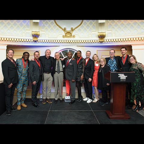 Will Calhoun B.M. ’86, Gustavo Celis B.M. ’94, Ramin Djawadi B.M. ’98, Nir Seroussi B.M. ’96, Ebony Williams (B.F.A. ’05, contemporary dance), and Amanda Yesnowitz (B.F.A. ’96, musical theater)