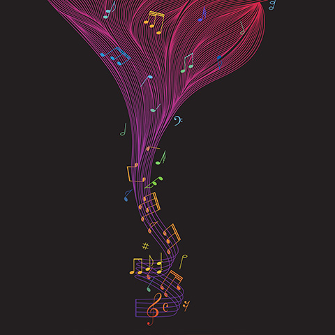 purple music notes on a black background