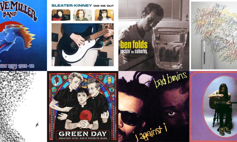 Collage of album art from the songs featured in the dad rock playlist
