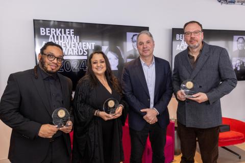 Left to right: Mark Kelley, Natalie Toro, interim president and provost David Bogen, and Gustavo Borner