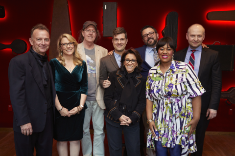 From the left: Eugene Gearty ’82, Susan Tedeschi-Trucks ’91, Tim Cushman ’80, Stephen Oremus ’92, Cristina Abaroa ”91, Robert Vega ’06, Makeba Riddick- Woods ’99, and Mihail Jojatu ’99 (Boston Conservatory at Berklee).