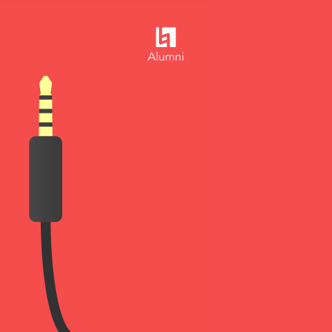 alumni logo and illustration of aux cord against red background