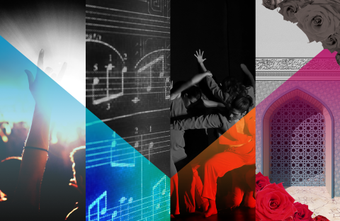 Collage of four images: one from a rock concert, one of music notes on a black board, one of a dancer in black and white, and one of a building.